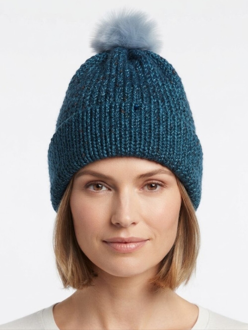 Handmade Reversible Blue Teal Knit Beanie Hat Women Pom Pom Winter OOAK Crochet